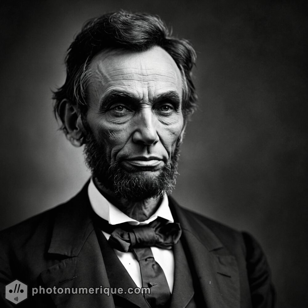 A black-and-white portrait of Abraham Lincoln, focusing on his iconic, rugged features.