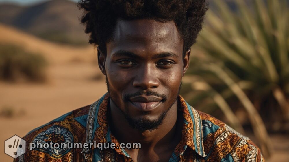 A hyperrealistic portrait of a striking African man with rich, deep-toned skin, high cheekbones, and a captivating smile.