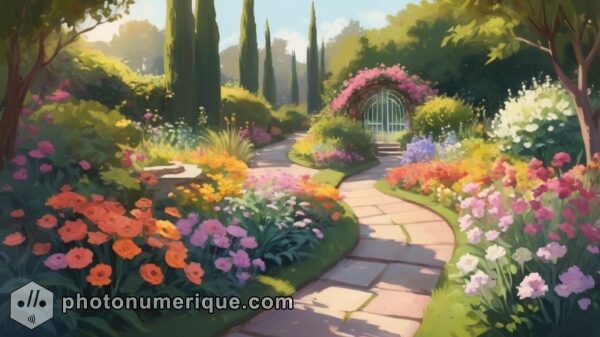 A lush garden in full bloom, with various flowers bathed in the soft light of the afternoon sun.