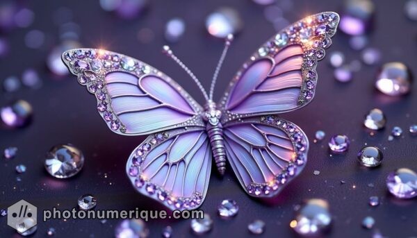 A hyperrealistic image of a lavender-hued butterfly with amethyst gemstone accents along its wings.