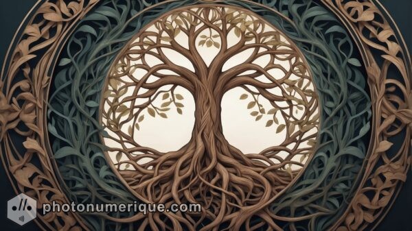 A Tree of Life blending ancient roots with modern architecture, symbolizing the enduring legacy and adaptability of the Jewish people.