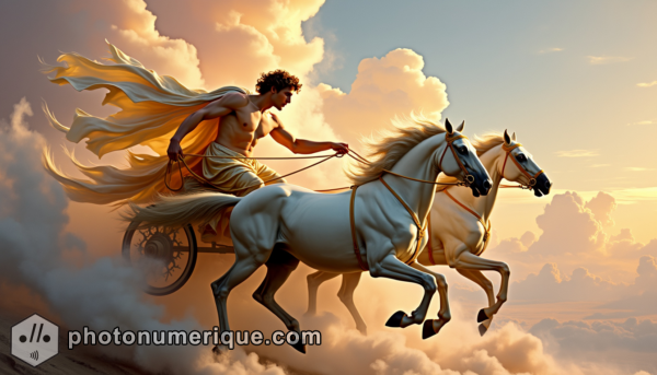 A dynamic portrayal of Apollo riding his chariot across the sky, capturing the power and elegance of the sun god.