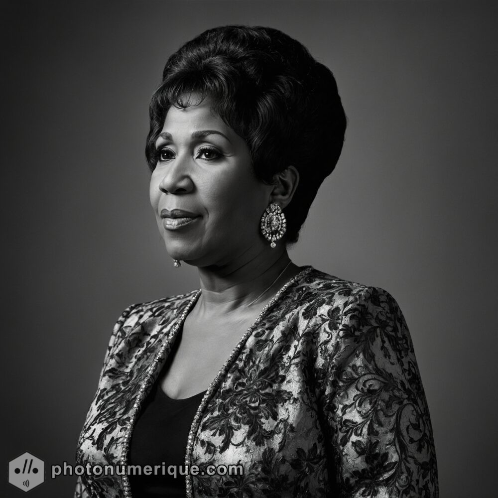 a hyperrealistic black-and-white portrait of Aretha Franklin in the classic Studio Harcourt style.