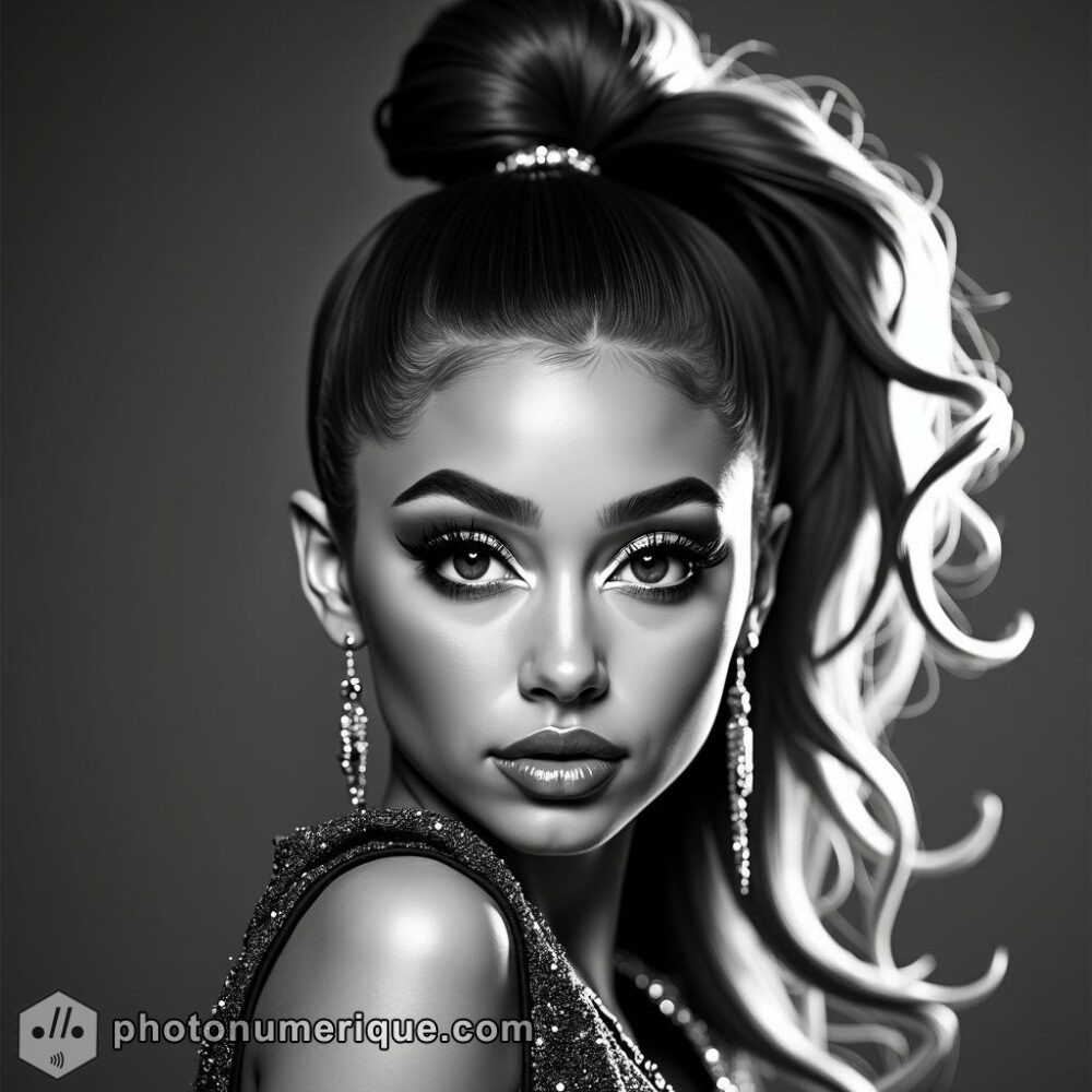 a hyperrealistic black-and-white portrait of Ariana Grande with a Studio Harcourt-inspired backdrop