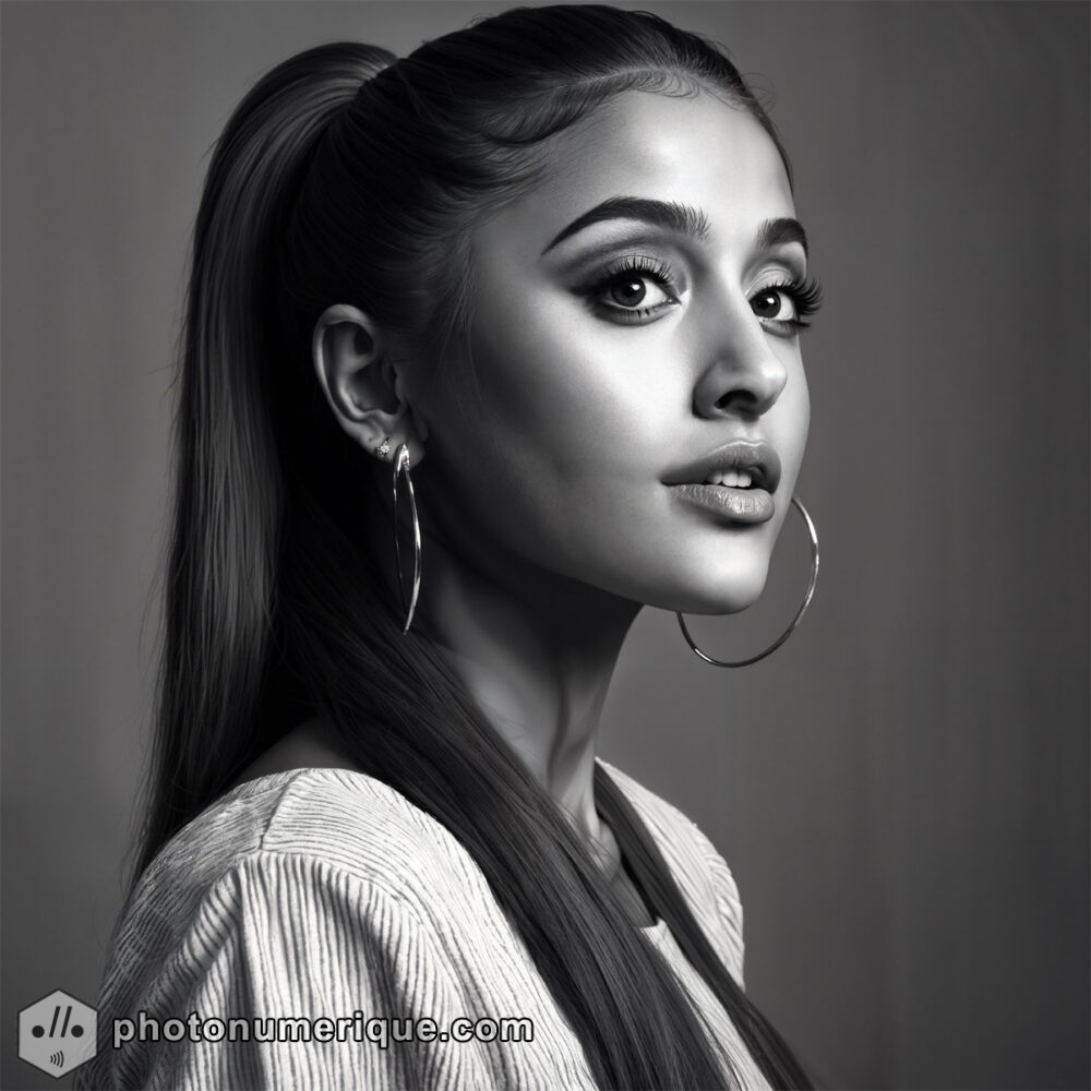 a high-contrast, black-and-white portrait of Ariana Grande in the classic Harcourt Studio style.