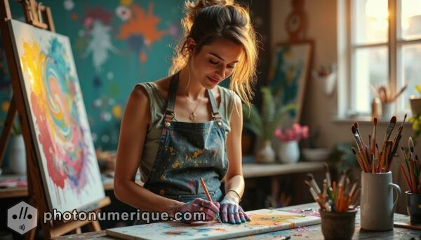 a hyperrealistic portrait of a woman in an artist’s studio, surrounded by canvases and brushes