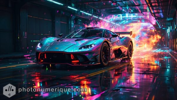 A futuristic scene of the Aston Martin Valkyrie streaking through a high-tech tunnel, with LED lights lining the walls and ceiling.