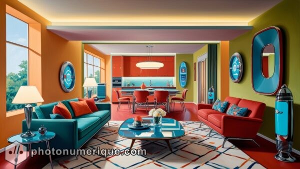 A depiction of a futuristic home inspired by mid-century atomic age designs, filled with modern comforts.