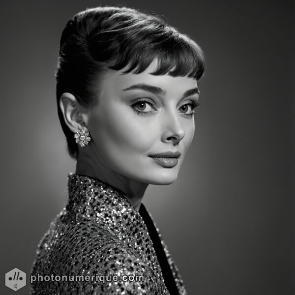 a hyperrealistic black-and-white portrait of Audrey Hepburn in the classic Studio Harcourt style.