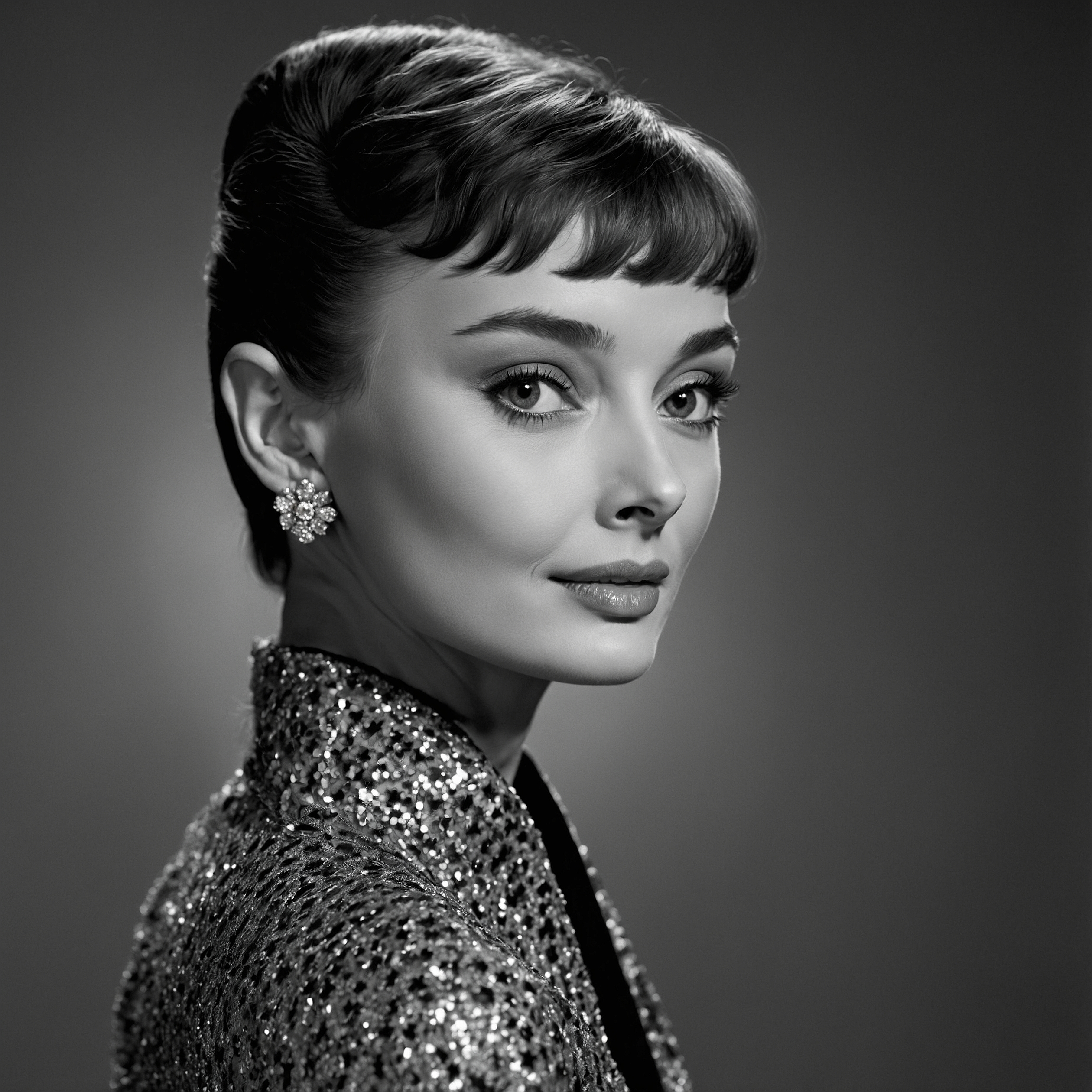 a hyperrealistic black-and-white portrait of Audrey Hepburn in the classic Studio Harcourt style.