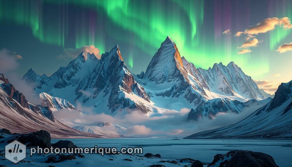 A hyperrealistic, surreal landscape of towering mountains under a sky filled with a vibrant aurora borealis.