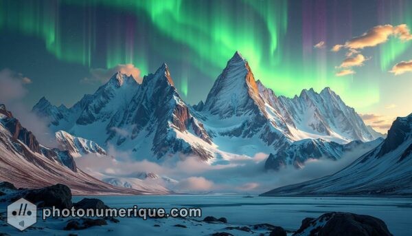 A hyperrealistic, surreal landscape of towering mountains under a sky filled with a vibrant aurora borealis.