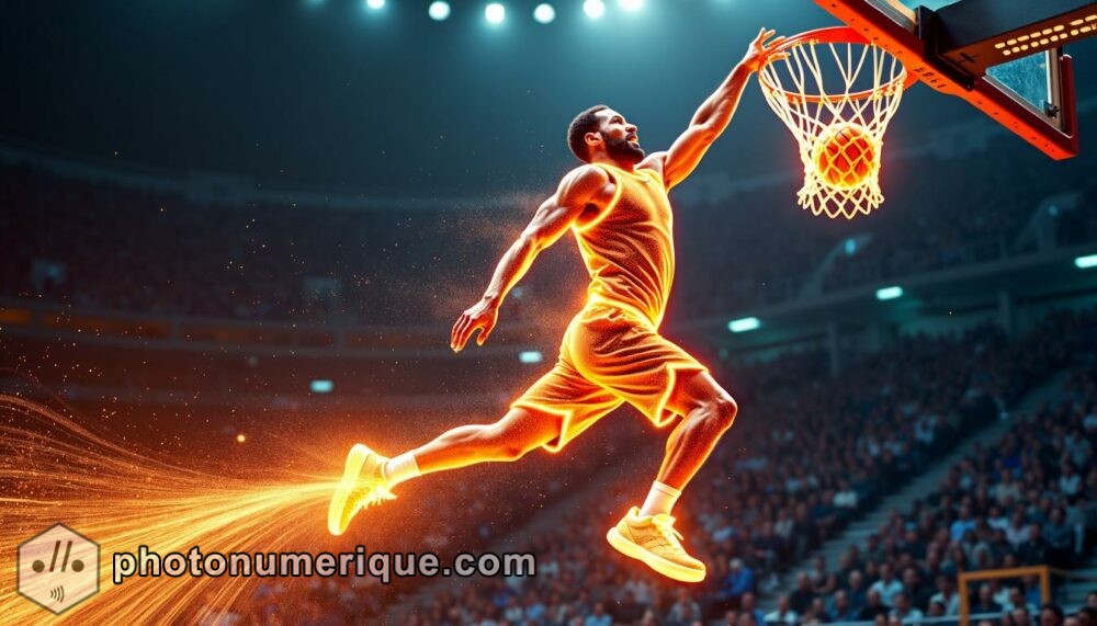 a hyperrealistic image of a basketball player mid-dunk, with the movement of the jump and slam traced in glowing lines of light.