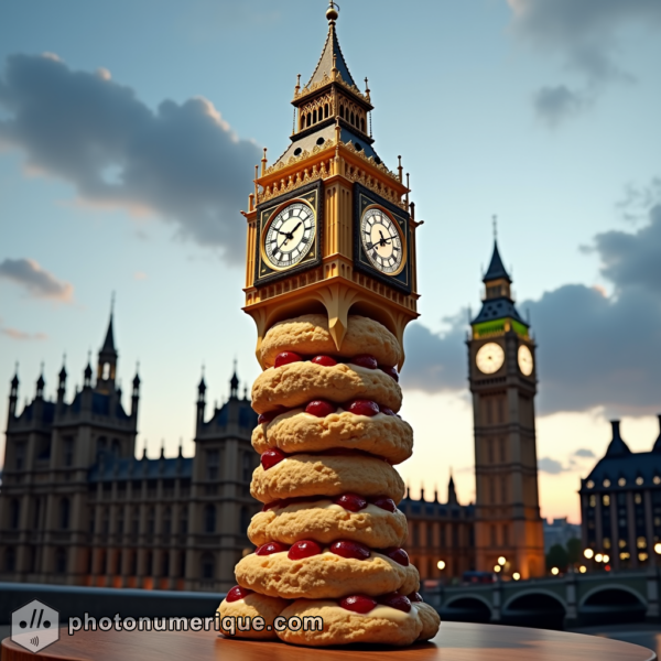 Big Ben in London is made entirely of buttery scones, stacked to form the clock tower, with clotted cream and jam filling the cracks between them.