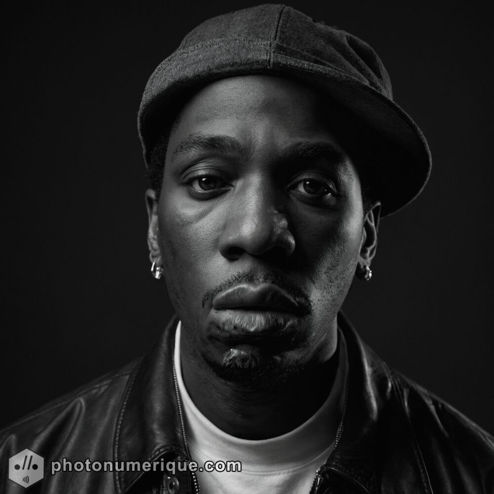 a hyperrealistic black-and-white portrait of Big L in the sophisticated Studio Harcourt style.