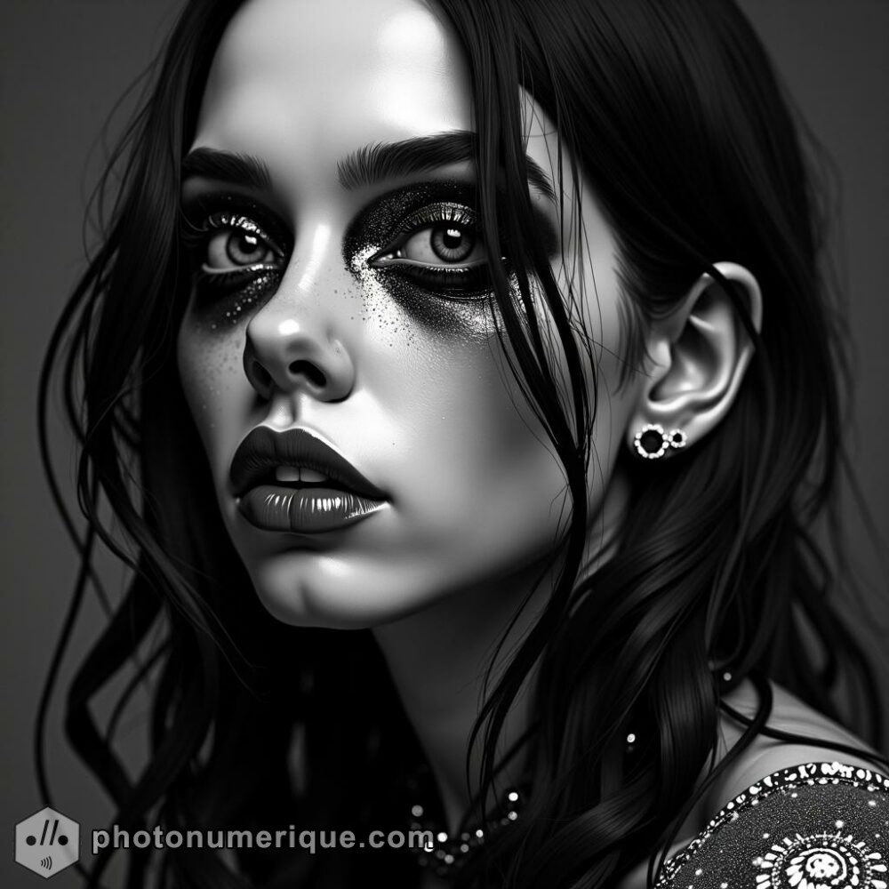 a moody, hyperrealistic black-and-white portrait of Billie Eilish in the Studio Harcourt style.