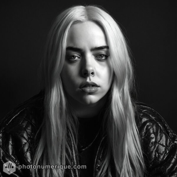 moody black-and-white portrait of Billie Eilish in Harcourt Studio style