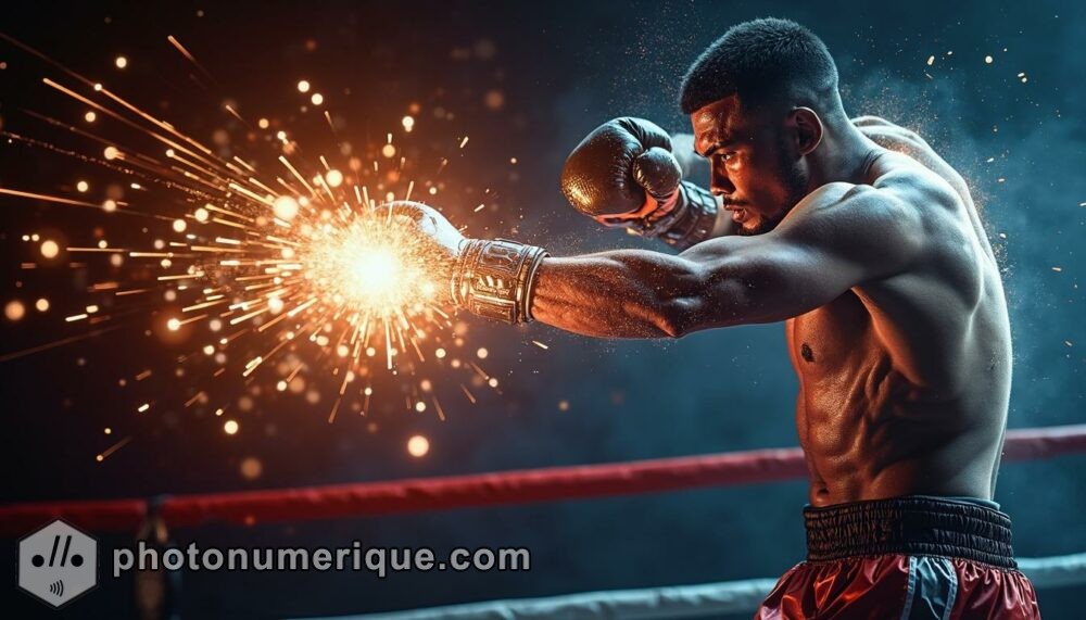 a hyperrealistic image of a boxer delivering a powerful punch, with the movement of the punch rotoscoped in glowing, dynamic lines of light.