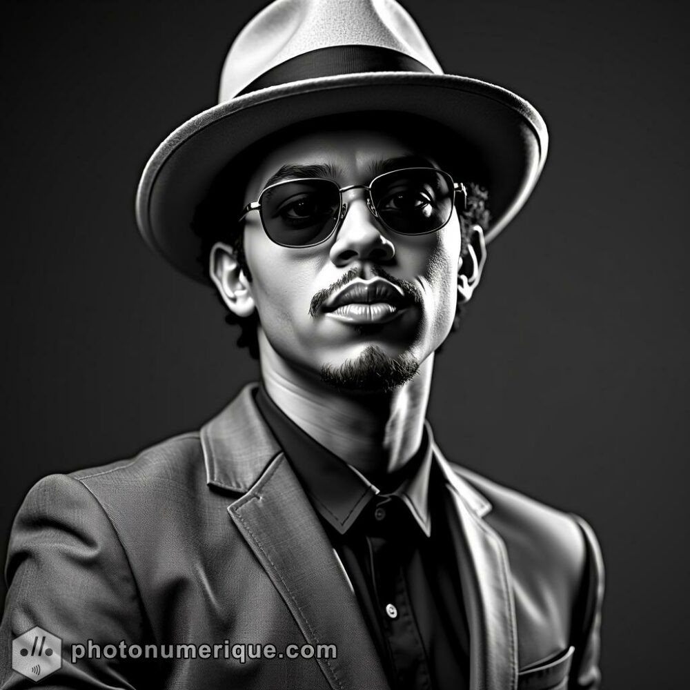 a lively black-and-white portrait of Bruno Mars with a Harcourt Studio aesthetic.