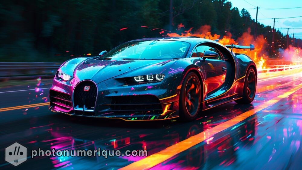 A dynamic scene featuring the Bugatti Chiron Super Sport 300+ racing down a neon-lit highway at night.