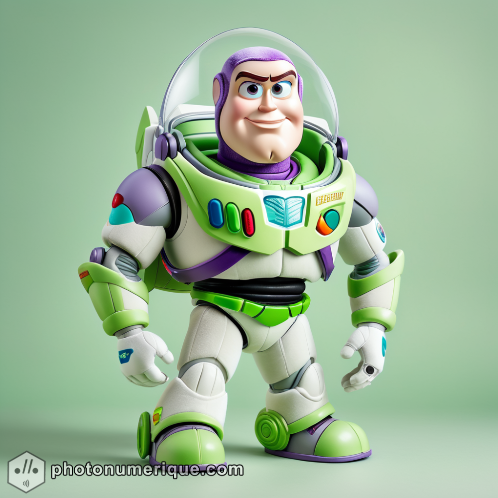 a hyperrealistic portrait of a plush Buzz Lightyear in a soft, pastel green monochromatic color scheme