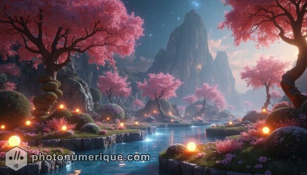 a hyperrealistic, surreal landscape of a celestial garden floating in space.