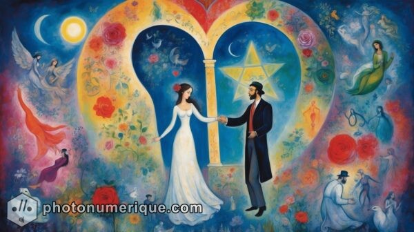 a Neo-Classical image inspired by Marc Chagall, featuring a Jewish couple surrounded by symbols of love, tradition, and mysticism