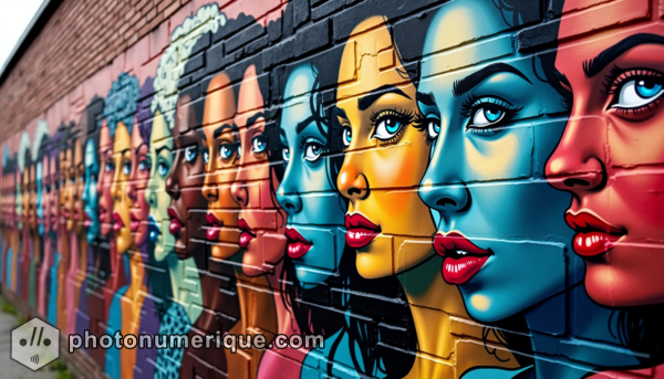 A collection of expressive, stylized portraits painted on a brick wall.