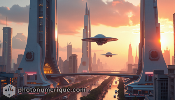 A futuristic cityscape with towering skyscrapers, flying vehicles, and advanced architecture.