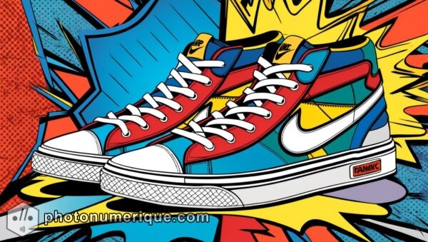 A pair of classic sneakers in Pop Art style, with bold outlines and vibrant colors.