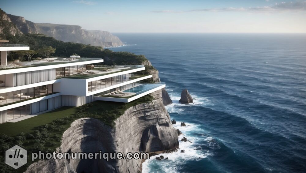 A breathtaking illustration of a modern cliffside retreat overlooking a vast ocean.