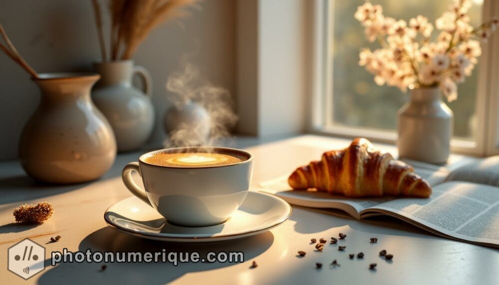 a cozy, minimalist image of a steaming cup of coffee on a kitchen counter, surrounded by simple, elegant details like a croissant, a small vase with flowers, and a newspaper.