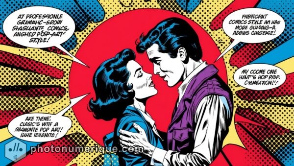 A classic comic book-style love scene in vibrant Pop Art fashion.