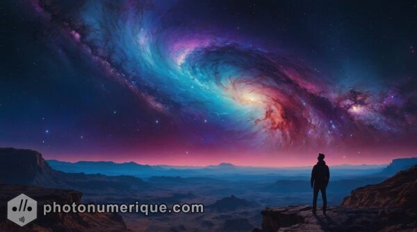 A vibrant, surreal painting of a cosmic landscape with swirling galaxies, vibrant nebulas, and distant planets.