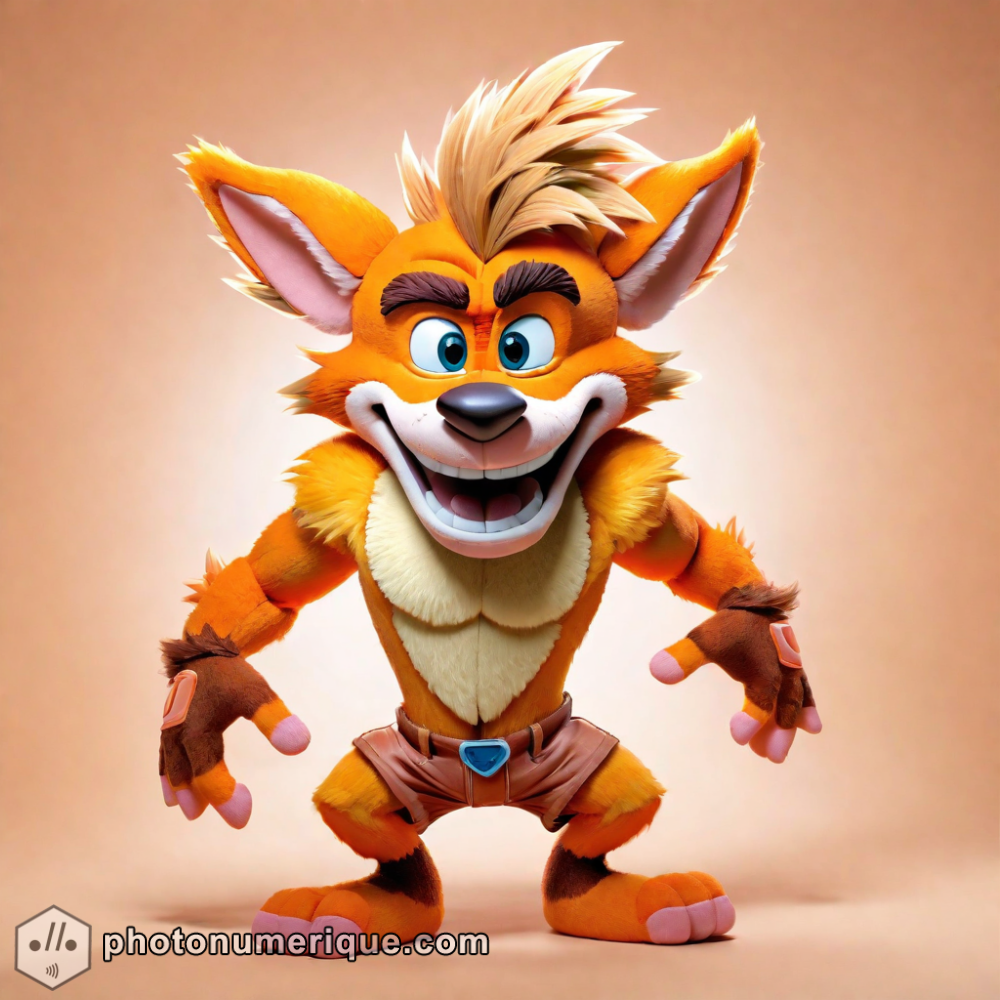 a hyperrealistic portrait of a plush Crash Bandicoot