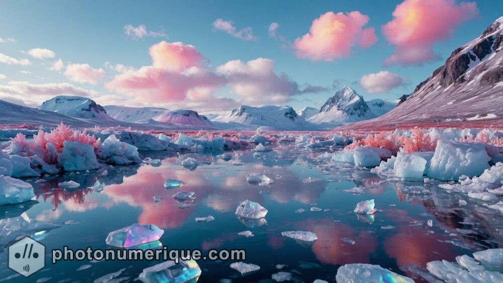 A surreal landscape of the Arctic, where massive crystal formations have emerged from the ice, reflecting the aurora borealis in a dazzling display of color.