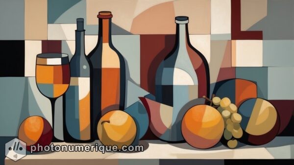 A still life composition of everyday objects, reimagined in the cubist style with fragmented forms and abstract angles.