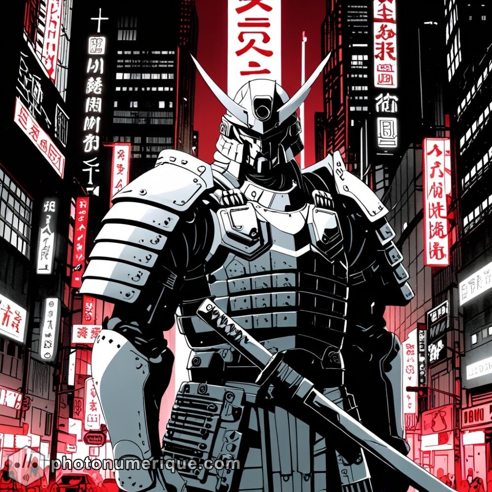 A futuristic samurai clad in cybernetic armor, standing against a backdrop of a dystopian city.