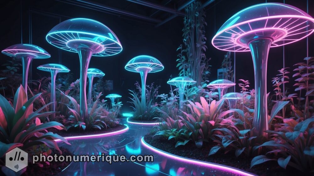 A futuristic garden where organic and mechanical life forms coexist, blurring the lines between nature and technology.