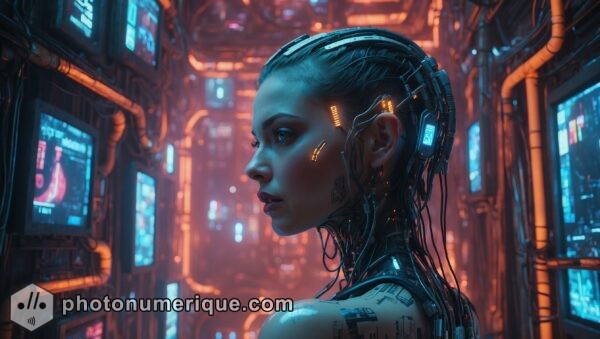 A cybernetic woman surrounded by neon signs and digital noise