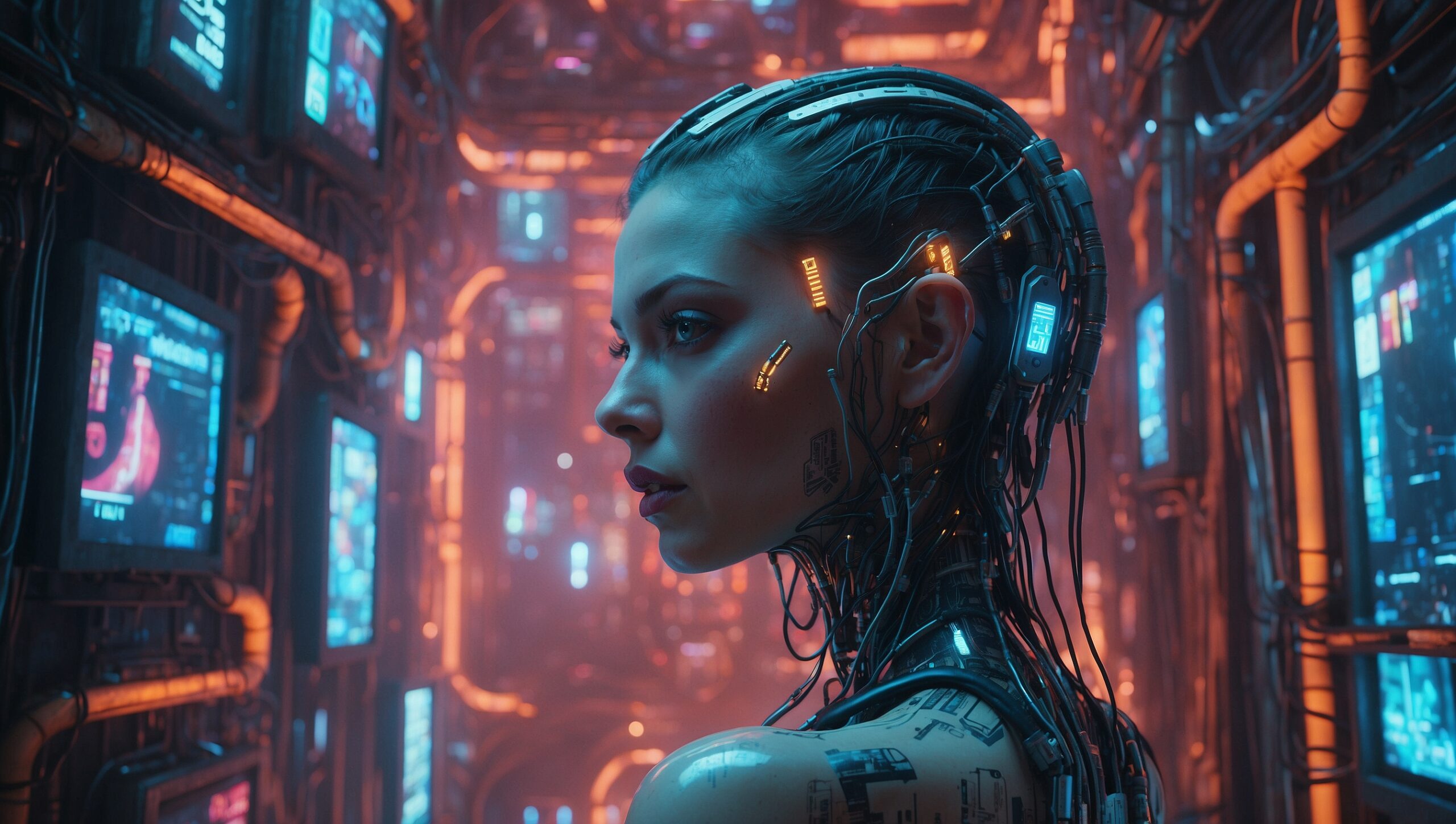 A cybernetic woman surrounded by neon signs and digital noise