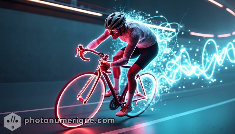 a hyperrealistic image of a cyclist racing down a track, with their motion captured in flowing, neon light trails that curve and wind around the figure.