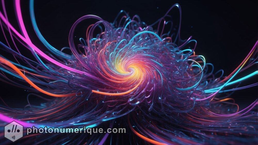 an abstract artwork depicting swirling data streams and networks, blending colors and lines to evoke the energy and chaos of a digital storm