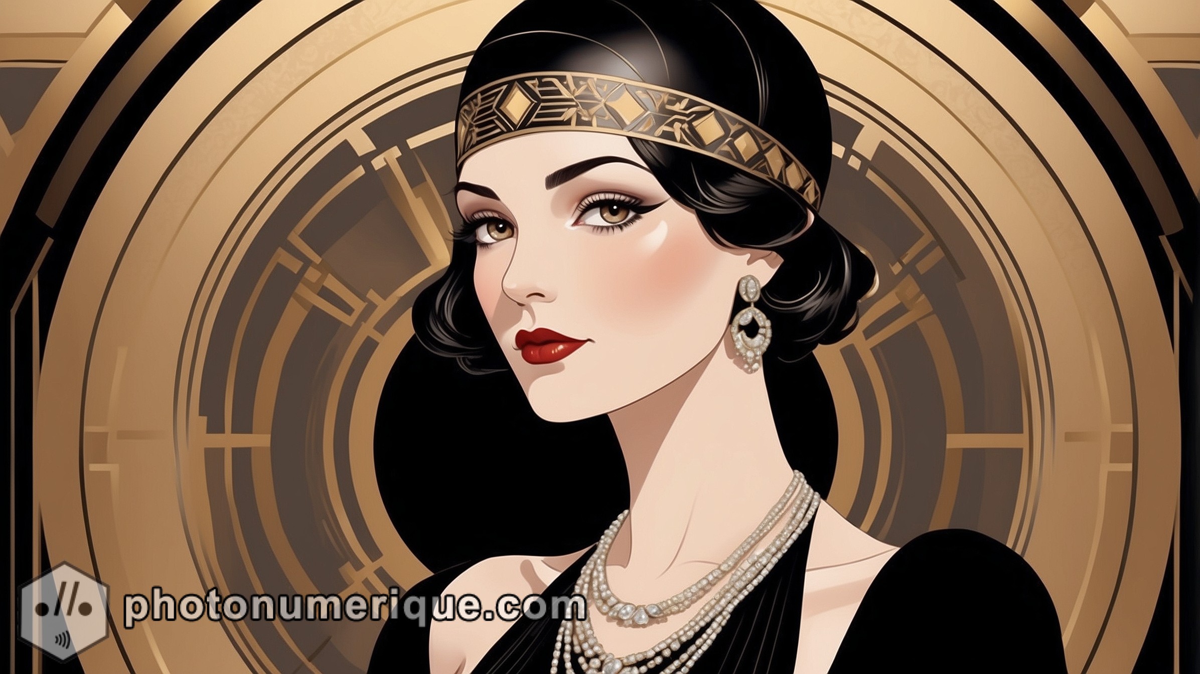 an elegant portrait of a sophisticated woman from the 1920s, dressed in luxurious Art Deco fashion.