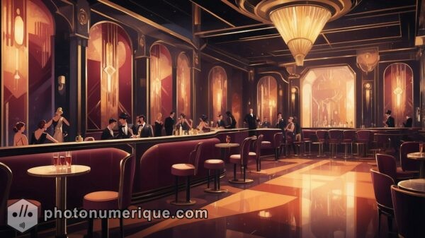 A vibrant nightlife scene from the roaring twenties, featuring an Art Deco nightclub.