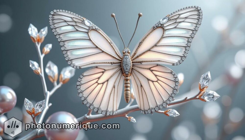 a hyperrealistic image of a pristine white butterfly with iridescent wings, adorned with diamond patterns that catch the light from every angle