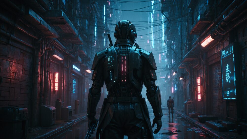 A cyber-enhanced samurai warrior standing in an abandoned alley, holding a glowing katana