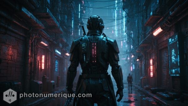 A cyber-enhanced samurai warrior standing in an abandoned alley, holding a glowing katana