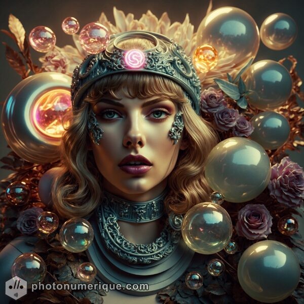 A digital artwork blending Renaissance regal aesthetics with futuristic digital patterns, featuring Taylor Swift as a modern-day queen.