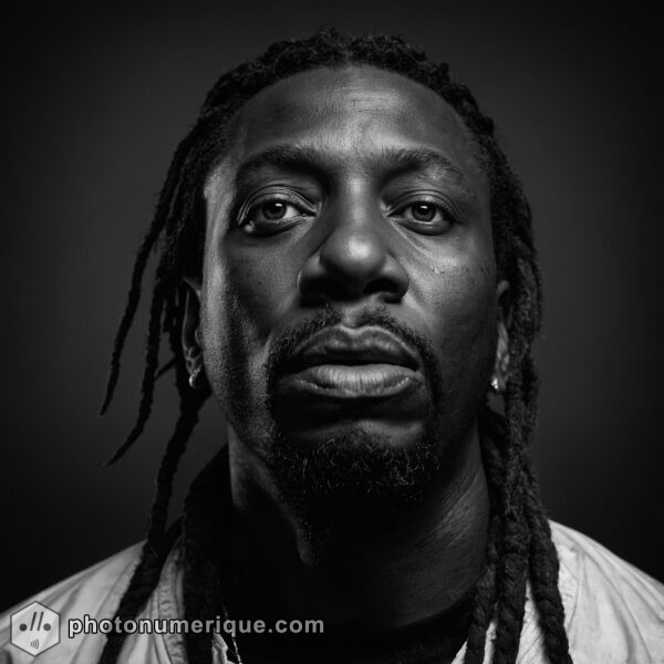 a hyperrealistic black-and-white portrait of Ol' Dirty Bastard in the distinctive Studio Harcourt style.